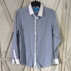 St. Lynn 100% Organic Cotton Striped Banker Shirt - Blue/White Medium